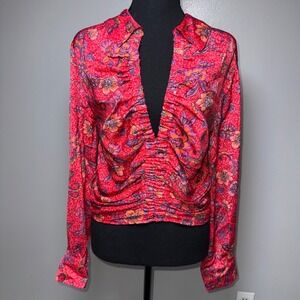 Free People Floral Paisley Ruched V-Neck Blouse Pink Orange Smocked Med Festival